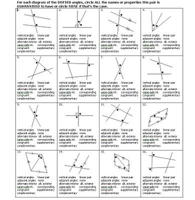 Angle pair terms worksheet... "for each diagram of the marked angles, circle ALL the names or properties that this pair is guaranteed to have." Angle Pairs, Color Worksheet, Angles Worksheet, Relationship Worksheets, Geometry Lessons, Teaching Geometry, Geometry High School, Geometry Activities, Math Interactive