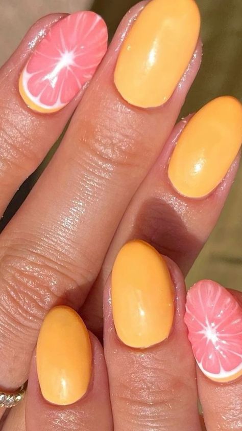 Clementine Nail Art, Lemon Nails Short, Citrus Fruit Nails, Grapefruit Nail Art, Pink Grapefruit Nails, Orange Nails Fruit, Citrus Manicure, Citrus Nail Art, Fruit Inspired Nails