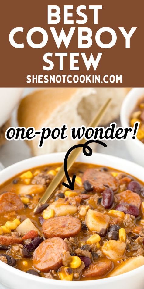 Cowboy stew in a white bowl. Cowboy Stew Recipe Ground Beef Crock Pot, Southern Style Cowboy Stew, Cowboy Cooking Outdoor, Cowboy Stew Crockpot, Cowboy Stew Recipe Ground Beef, Cowboy Meals, Texas Cowboy Stew Recipe, Stew With Ground Beef, Stew Recipes Stove Top