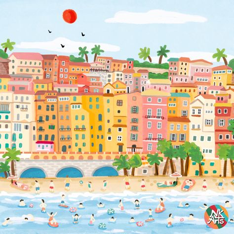 European Summer Illustration, French Beach House, European Beaches, Set Design Photography, Menton France, French Beach, Beach Drawing, Parisian Summer, Summer Illustration