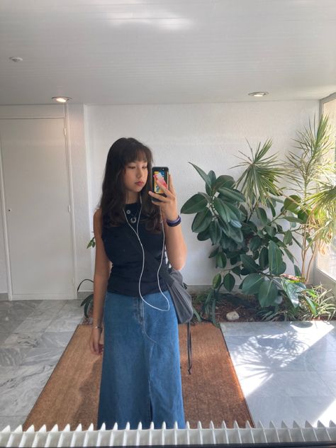 long denim skirt outfit 2025 Wardrobe, Long Denim Skirt Outfit, Denim Skirt Outfit, Denim Skirt Outfits, Long Denim Skirt, Skirt Outfit, Skirt Outfits, Denim Skirt, Summer Outfits