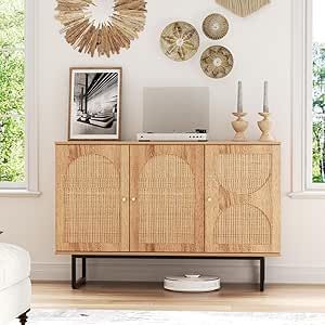 Rattan Entryway, Boho Cabinet, Tv Stand For Living Room, Credenza Cabinet, Credenza Tv Stand, Credenza Tv, Rattan Door, Rattan Doors, Wood Storage Cabinet