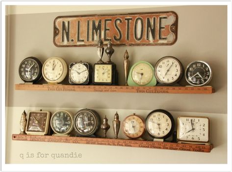 Displaying Antiques, Farmhouse Clocks, Rustic Farmhouse Living Room, Wall Clocks Living Room, Vintage Clocks, Vintage Alarm Clocks, Clock Display, Black Wall Clock, Stick Art