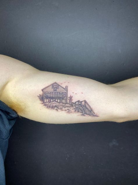 Beach House Tattoo Band, Beach House Tattoo, Podcast Setup, House Tattoo, Castle Tattoo, Beach Path, Summer Tattoo, Beach Tattoo, Home Tattoo