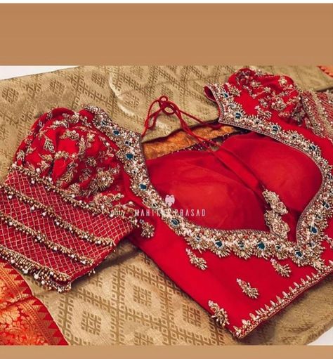 Red Colour Bridal Blouse Designs, Red Wedding Blouse Piece With Gota Work, Magam Work Blouses Latest Bridal Red Blouse, Maggam Work Design On Red Blouse, Red And Gold Maggam Work Blouse, Koorai Saree, Blouse Works, Latest Bridal Blouse Designs, Cutwork Blouse Designs