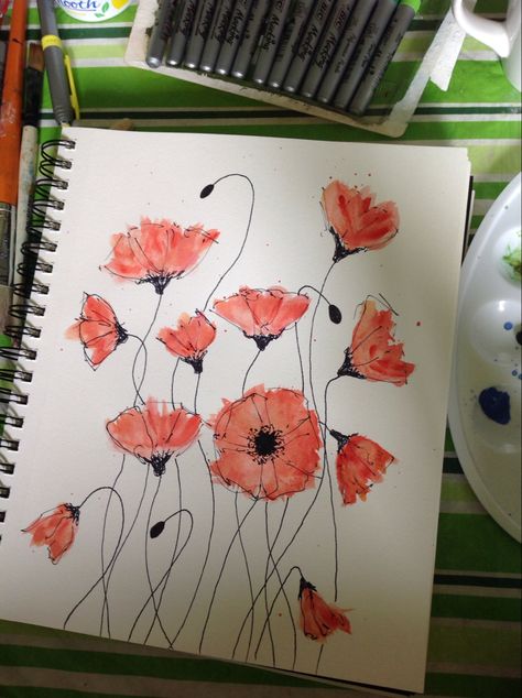 Simple Sketch Flowers, Poppy Sketch Simple, Watercolor With Black Pen, Poppy Drawings, Poppy Flower Drawing, Wall Magazine, Negative Space Art, Sharpie Drawings, Doodle Flowers