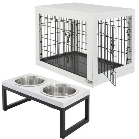 Buy Frisco Double Door Furniture Style Crate, White, Intermediate, 36-in L x 23-in W x 26-in H + Marble Print Stainless Steel Double Elevated Dog Bowl, 3 Cups, Black Stand at Chewy.com. FREE shipping and the BEST customer service! Furniture Style Dog Crate, Elevated Dog Feeder, Stainless Steel Dog Bowls, Elevated Dog Bowls, Dog Bowl Stand, Stainless Steel Bowls, Live In Style, Timber Wood, Medium Sized Dogs