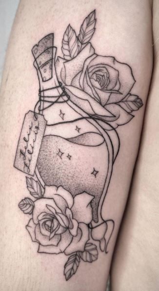 Potion Bottles Tattoo, Magic Potion Tattoo, Potion Bottle Tattoo Design, Love Potion Tattoo, Potion Bottle Tattoo, Witch Pics, Perfume Bottle Tattoo, Amber Aesthetic, Wine Bottle Flowers