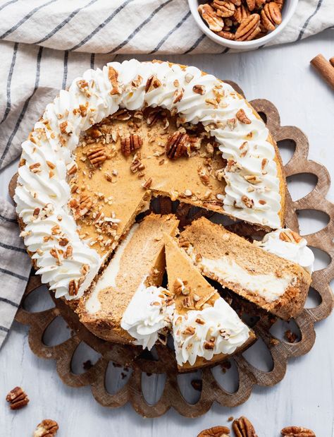 Double Layer Pumpkin Cheesecake| Stephanie's Sweet Treats|Stephanie Double Layer Pumpkin Cheesecake, Pumpkin Pie Cheesecake Recipe, Pumpkin Cheesecake Pie, Wishes And Dishes, Layered Pumpkin Cheesecake, Alfredo Lasagna, Yummy Cheesecake, Pecan Cheesecake, No Bake Pumpkin Cheesecake