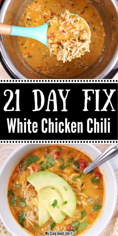 This Healthy White Chicken Chili is a bowl of comfort! It's a delicious and easy dinner that your whole family will love! You can quickly make it in your Instant Pot, the slow cooker or on the stove top!  Easy Dinner | Instant Pot | Chili | White Chicken Chili | 21 Day Fix | Weight Watchers | Healthy Dinner 21 Day Fix Chili Crockpot, 21 Day Fix Slow Cooker, 21 Day Fix Instant Pot, Healthy Chicken Chili Instant Pot, 21 Day Fix Chicken Crockpot Recipes, 21 Day Fix Chili Recipe, 21 Day Fix Easy Dinner, Portion Fix Chicken Recipes, 21 Day Fix Recipes Dairy Free