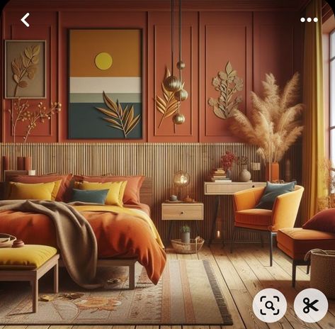 Orange Panelling Bedroom, Bedroom Design Terracotta, Orange And Gold Bedroom, Burnt Orange Living Room Walls, Orange Panelling, Terracota Interior, Orange Bedroom Ideas, Burnt Orange Living Room, Orange Room