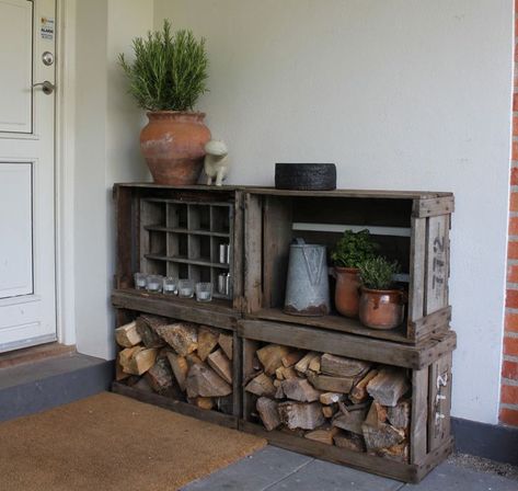 Cottage Life-- Mobile -- Stylish solutions for storing your firewood Firewood Storage Indoor, Storage Bookshelf, Fireplace Wood, Apple Crates, Diy Projektit, Apple Boxes, Firewood Rack, Firewood Storage, Wood Crates