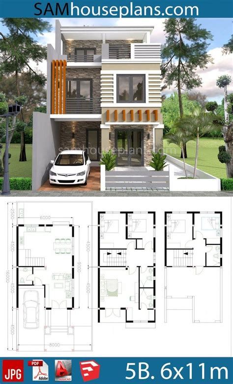 3 Storey House Design, Narrow House Plans, Two Story House Design, 2 Storey House Design, 3d House Plans, Two Story House, Modern Bungalow House, Duplex House Plans, House Construction Plan