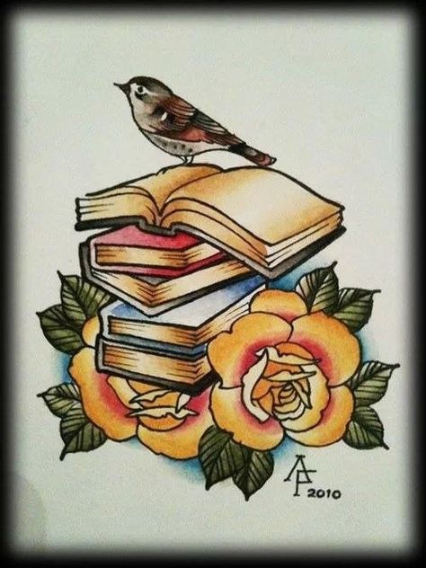 Books And Roses, Grandma Tattoo, Bookish Tattoos, Literary Tattoos, Books Design, Traditional Books, Lily Painting, Geniale Tattoos, Outdoors Tattoo