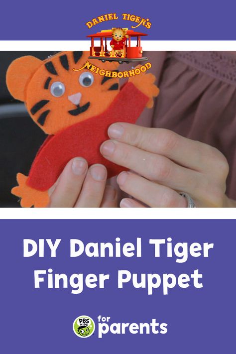 A Daniel Tiger finger puppet made from felt and googly eyes Daniel Tiger Craft, Daniel Tiger Activities, Tiger Finger Puppet, Puppet Crafts For Kids, Tiger Crafts, Daniel Tiger, Puppet Crafts, Pre K Activities, Finger Puppet