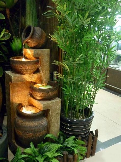 Relaxing Indoor Fountain Ideas (17) Indoor Fountain Ideas, Fountain Ideas, Kolam Koi, Indoor Water Features, Taman Air, Taman Diy, Tanaman Pot, Tanaman Indoor, Indoor Water Fountains