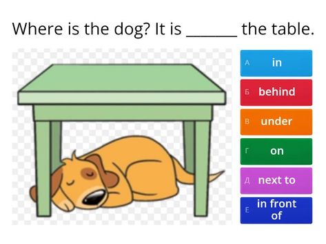 Prepositions in, on, under, next to, behind, between, in front of Table 2, The Tree, The Table, The Dog, Dogs