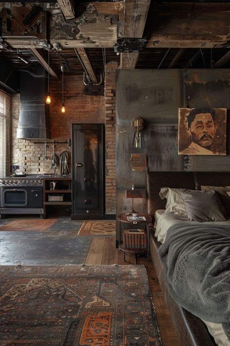 Cool Rooms Ideas, Interior Design Industrial Minimalist, Industrial Aesthetic Interior Design, Mens Interior Design, Dark Industrial Bedroom, Interior Design Men’s Room, Male Interior Design, Artist Loft Apartment, Bedroom For Men