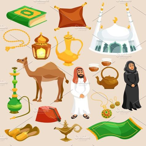 Arabic culture cartoon icons set. Religion #hookah #camel Arabic Culture Art, Arab Illustration, Uae Art, Culture Drawing, Arabic Culture, Eastern Culture, Middle Eastern Culture, Arab Culture, Flat Icons Set