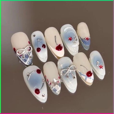 Check out these winter-inspired Korean nail art designs to pick you up and help you beat the winter blues! Nail Art With Charms, Nails French Almond, Nail Cherry, Nails Cherry, Cute Manicure, Press On Nails French, French Almond, Kutek Disney, Cherry Nails