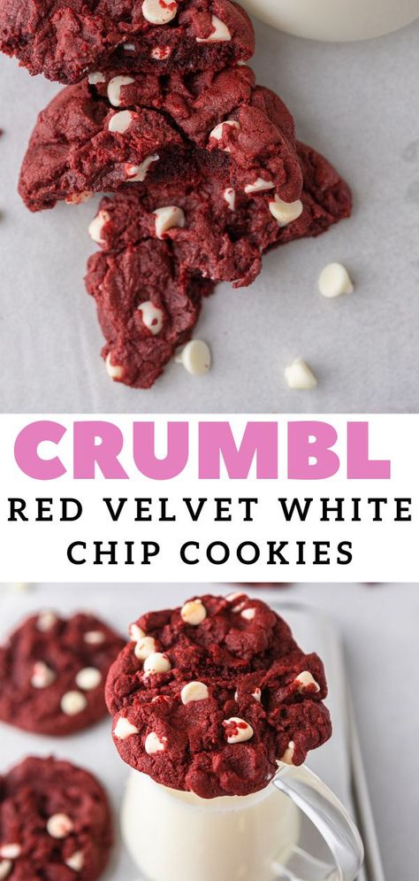 Red Velvet Chocolate Chip Cookies, Crumbl Copycat, Red Velvet Cookie Recipe, Giant Cookies, Crumble Cookie Recipe, Crumble Cookie, Velvet Cookies, Crumbl Cookies, Cake Mug