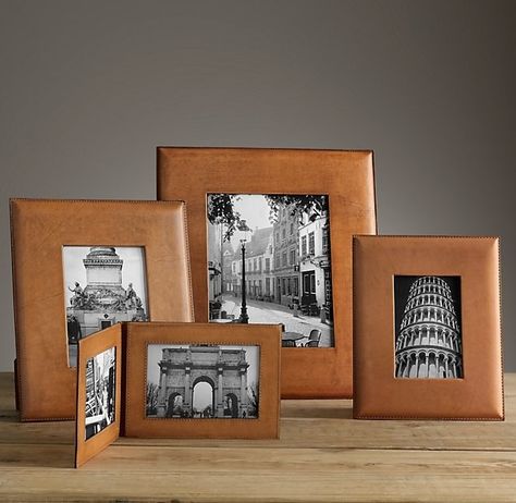 RH's Artisan frames add a stately touch to the nightstand, desk, or mantel; from $85 each. rh.com Leather Candle, Leather Picture Frames, Nightstand Desk, Leather Restoration, Leather Kitchen, Leather Mirror, Leather Scrap, Leather Decor, Leather Frames