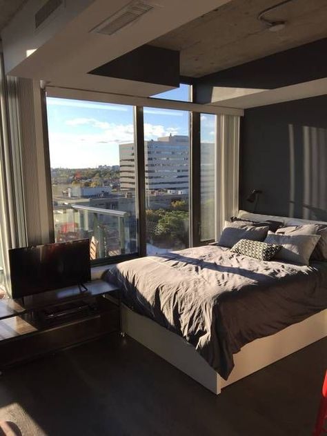 Minimalist Room Design Bedrooms, Rooms With Balcony Bedrooms, Balcony Room Bedrooms, Houses In Toronto, Bedroom Loft Aesthetic, Condominium Aesthetic, High Rise Apartment Bedroom, Room With Balcony Bedrooms, Bedroom Canada