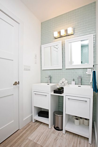 Three Sink Bathroom, Small Bathrooms With Double Sinks, 2 Single Vanity Bathroom Ideas, 2 Single Vanities In Bathroom, Dual Vanity Bathroom Ideas, Double Sink Small Bathroom, Small Double Vanity, Small Bathroom Double Sink, Double Sinks