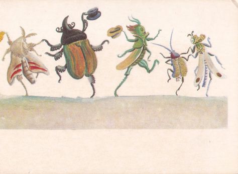 Postcard Illustration by V. Konashevich for by RussianSoulVintage Jiri Trnka, Art Insects, Entomology Art, Beetle Tattoo, Postcard Illustration, Clothes Making, Elves And Fairies, Bug Art, Insect Art