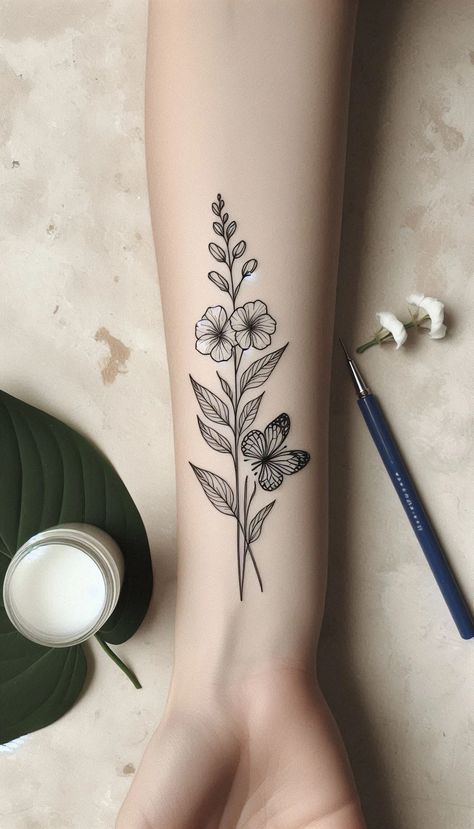 Larkspur Flower & Butterfly Tattoo: Elegant July Birth Flower Tattoo for Positivity & Grace July Tattoo Ideas, Flower Butterfly Tattoo, July Birth Flower Tattoo, Larkspur Tattoo, July Birth Flower, Larkspur Flower, Fineline Tattoo, Birth Flower Tattoos, Elegant Tattoos