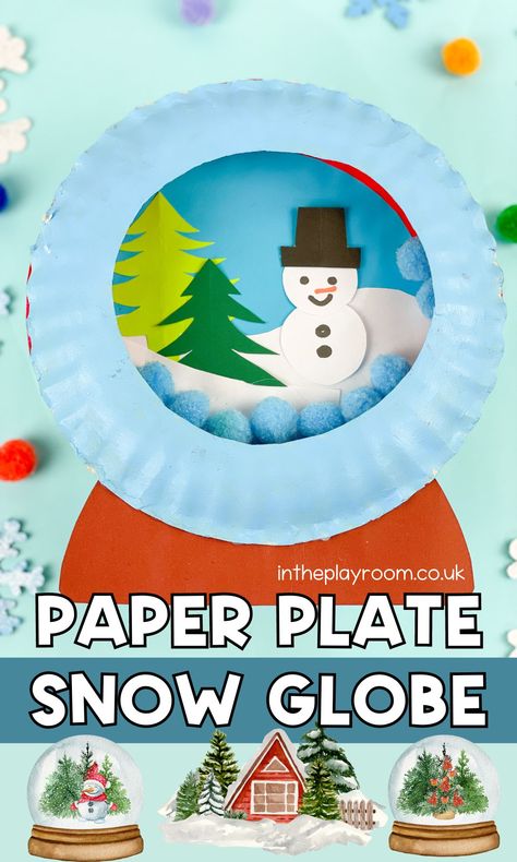 Paper Plate Snow Globe Craft - In The Playroom Winter Art Projects For Kindergarten, How To Make A Snow Globe, Christmas Paper Plate Crafts, Paper Plate Snow Globe, Paper Plate Christmas Crafts, Plate Craft Ideas, Paper Plate Snowman, Snowman Activities, Snow Globe Craft