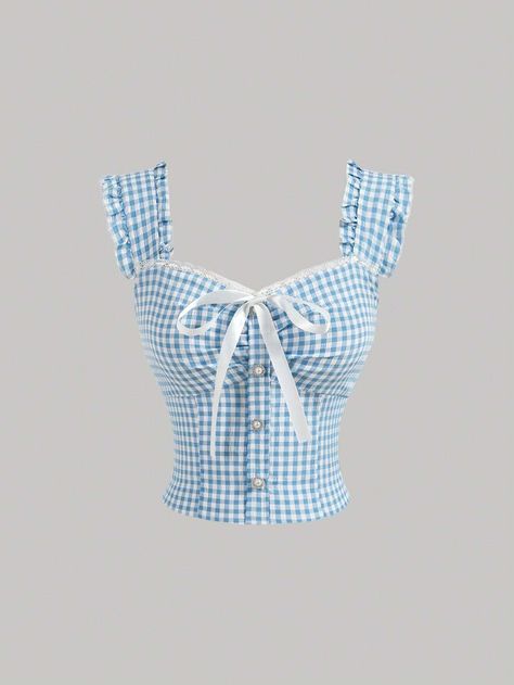 SHEIN MOD Summer Bowknot Design Blue Plaid Pleated Lace Hem Ruffle Trimmed Sleeveless ShirtI discovered amazing products on SHEIN.com, come check them out! Cottage Core Clothes, Gingham Outfit, Cottagecore Jewelry, Light Blue Plaid, Mlp Oc, Check Tops, Gingham Top, Light Blue Top, Oc Inspo