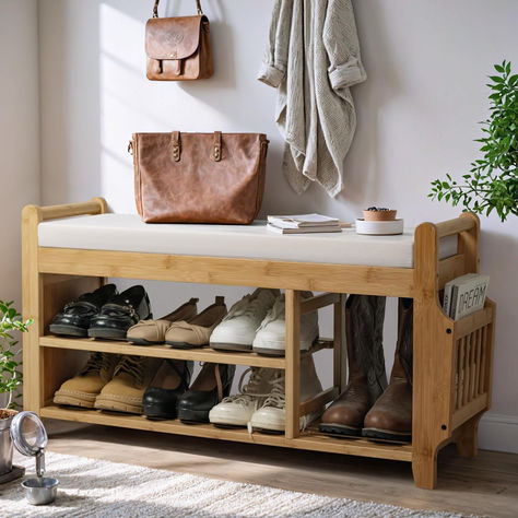 YESHOMY 2 Tier Shoe Rack Bench with Hidden Drawer and Side Holder, Bamboo Storage Organizer for Entryway Hallway Living Room, Nature 2 Tier Shoe Rack, Wood Entryway Bench, Shoe Bench Entryway, Wood Entryway, Bamboo Storage, Hidden Drawer, Shoe Rack Bench, Small Bench, Entryway Organization