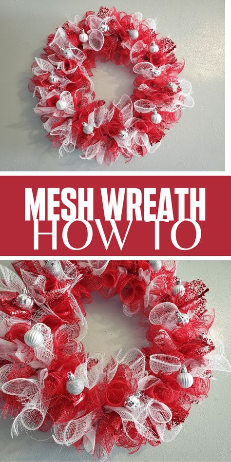 DIY Red And White Christmas Mesh Wreath ~ Easy Peasy! Deco Mesh Christmas Wreaths Diy, White Mesh Wreath, Ribbon Wreath Diy, Diy Deco Mesh Wreath, Making Mesh Wreaths, Deco Mesh Wreaths Tutorials, Christmas Mesh Wreath, Deco Mesh Wreaths Diy, Holiday Wreaths Diy