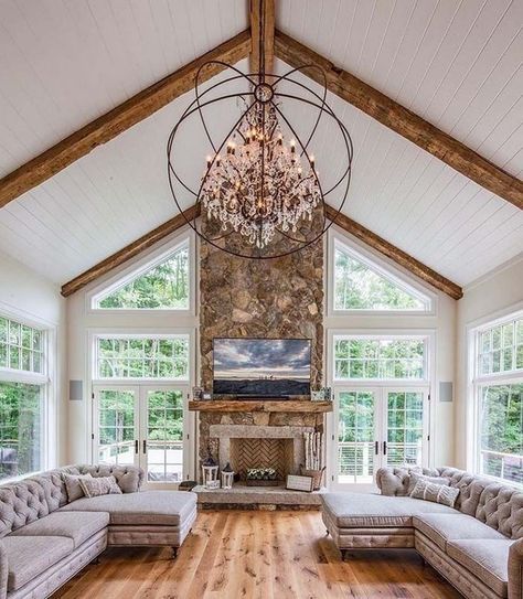 Living Room With High Ceiling #ceiling #livingroom #vaulted #decorhomeideas Kitchen Open Concept, Fireplace Area, Simple Living Room Designs, Room Images, Vaulted Ceiling Living Room, Design Salon, Simple Living Room, Room Additions, Living Room Design Decor