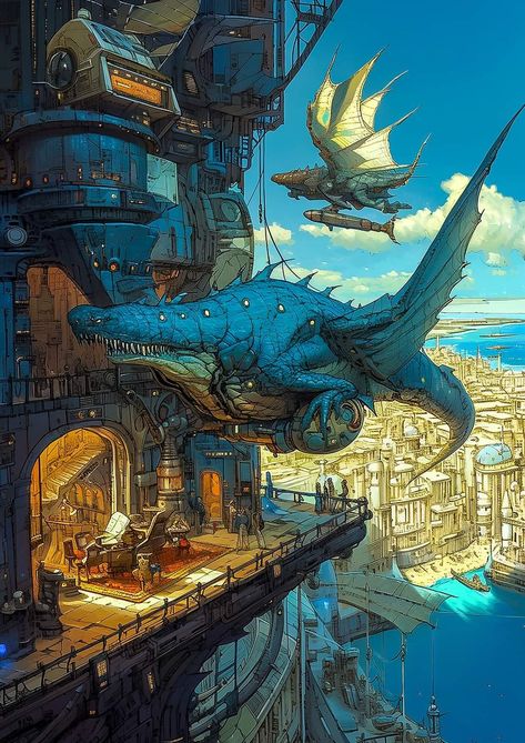 Magitech City, Dragon Culture, Steampunk Ship, Vintage Space Poster, Steampunk City, Conceptual Drawing, Sci Fi Environment, Space Fantasy, Fantasy City