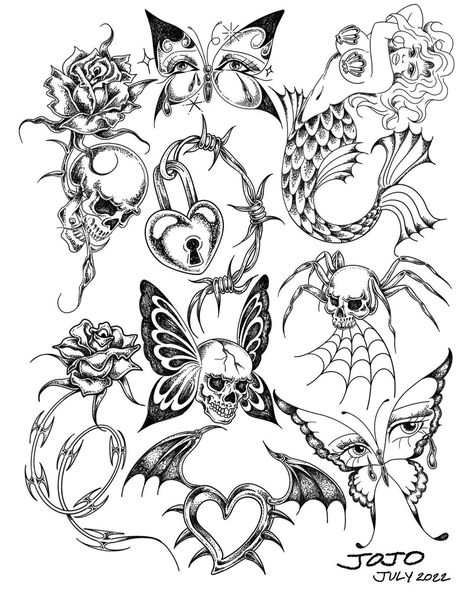 Tattoo Flash Coloring Pages, Tattoo Book Ideas, Thigh Tattoos Women Stencil, Small Tattoos Black, Small Tattoos Black Women, 90s Flash Tattoo, Womans Tattoos, Sticker Tattoo Ideas, Different Tattoo Styles