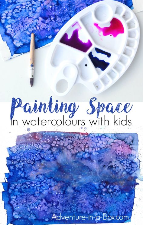 Learn how to paint space and galaxies with watercolours in a simple way and fun way that would appeal to children. This technique includes the use of pipettes, which is always a hit in our house! Outer Space Watercolor Painting, Galaxy Art For Kids, Galaxy Painting For Kids, Paint Space, Space Week, Space Watercolor, Art Videos For Kids, Diy Kids Crafts, Space Camp