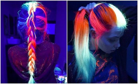 Glow in the Dark Hair Is Getting Too Hot to Stay In Style Glow In The Dark Hair, Dark Hair Dye, Rasta Hair, Trendy We Fryzurach, Glow Hair, Diy Glow, Guy Tang, Dark Makeup, Glowing Makeup