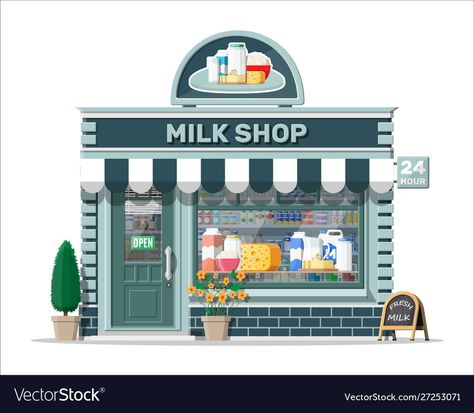 Store Facade, Farm Products, Deli Counter, Food Cart Design, Milk Shop, Flat Vector Illustration, Milk And Cheese, Shop Illustration, Farm Shop