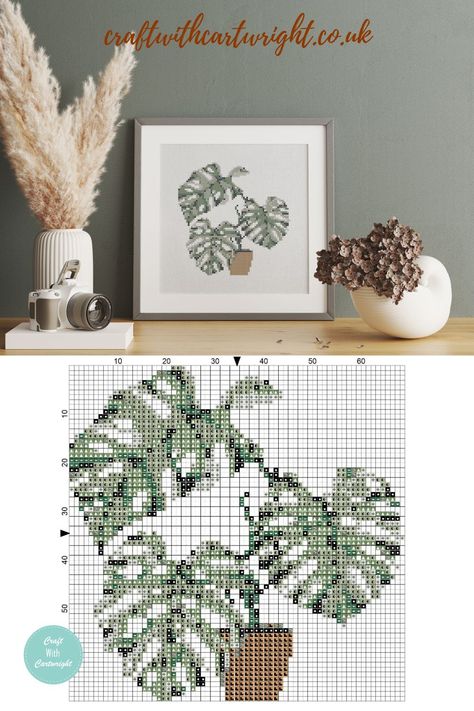 Swiss cheese plant cross stitch (free) - Craft with Cartwright Leaf Cross Stitch Pattern, Plant Cross Stitch Pattern, Leaf Cross Stitch, Plant Cross Stitch, Cross Stitch Free, Unique Cross Stitch, Cross Stitch Tutorial, Cross Stitch Quotes, Swiss Cheese Plant