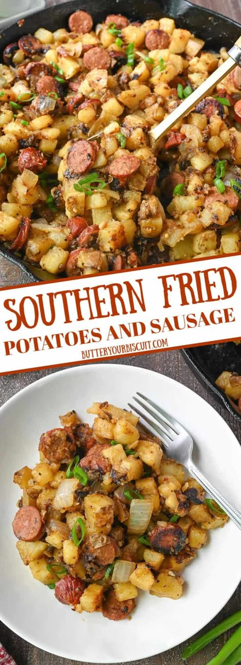 Southern Fried Potatoes and Sausage Southern Fried Potatoes, Potato Side Dish, Smoked Sausage Recipes, Southern Breakfast, Southern Recipe, Baked Ribs, Sausage Dishes, Easy Summer Dinners, Stove Top Recipes