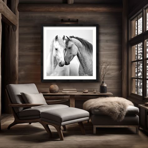 This Square framed black & white portrait photograph of two horses defines love. This ready to hang, square wall decor is the perfect piece for any western, southwestern, or bohemian home.  It will make make a bold, western statement on it's own or as part of a gallery wall. Add a modern touch of rodeo art to your apartment, office, Air B&B, or lodge.  ABOUT THIS WORK: Love is everything you want to say and do... not thinking, just being... soft, strong, wild and free... just you and me. -a stal Woman On Horse, Modern Country Bedrooms, Horses Wall Art, Decor Black And White, Ranch Decor, Western Wall Art, Art Square, Modern Western, Horse Wall Art