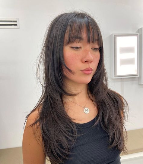 Long wolf layer cut by me. . Thank you @kirasunart #longwolfcut #longshag #longshaghaircut #wolfcut #wolfhaircut | Instagram Wolf Cut Bangs, Black Hair With Brown Highlights, Wolf Cut Hairstyles, Wolf Cuts, Long Wolf Cut, Layer Cut, Layered Haircuts With Bangs, Wolfcut Hair Long, Cut Hairstyles