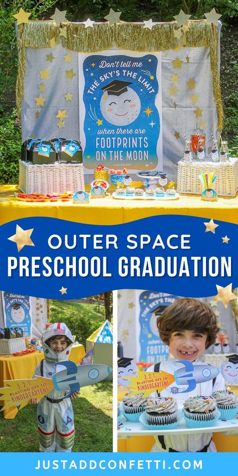 This "footprints on the moon" outer space preschool graduation theme is so much fun! Perfect for both class ceremonies or individual celebrations, and kindergarten graduation, too! I’ve created a huge pack of party printable decorations to make planning your party a breeze. From gift tags, to cupcake toppers & graduation certificates...I’ve got you covered! Everything is available in my Just Add Confetti Etsy shop. Head to justaddconfetti.com for more simple graduation and end of the year ideas! Pretzel Skeletons, Outer Space Preschool, Kindergarten Graduation Themes, Preschool Graduation Theme, Switch Party, Diy Nintendo, Pancakes Gift, Vpk Graduation, Footprints On The Moon