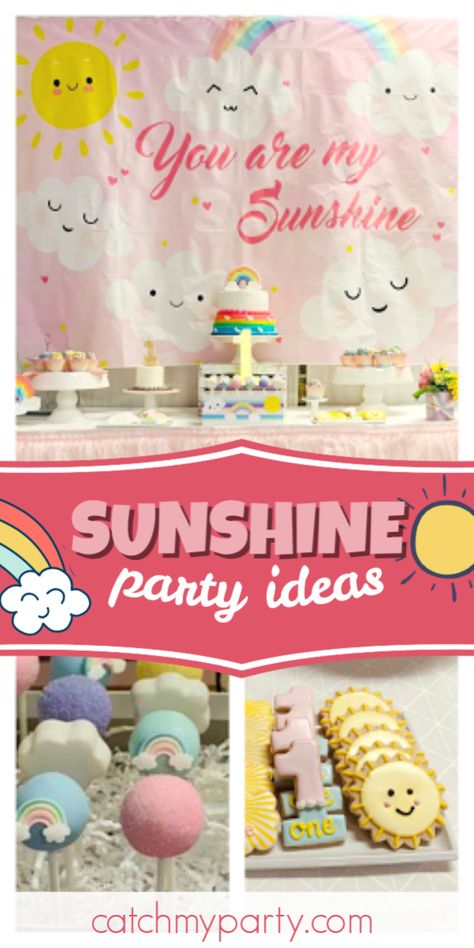 Take a look at this cheerful sunshine birthday party! The birthday cake is adorable! See more party ideas and share yours at CatchMyParty.com #catchmyparty #partyideas #sunshineparty #rainbowparty #girlbirthdayparty Sunshine And Rainbows Birthday, Sunshine Birthday Parties, Rainbow First Birthday, Pastel Birthday, Girls Birthday Party Themes, Rainbow Parties, One Year Birthday, Baby Birthday Party Girl, Sunshine Birthday