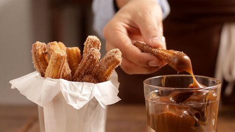 Churros With Dulce de Leche | Tastemade Filled Churros, Chocolate Dipping, Fried Recipes, Homemade Churros, Chocolate Dipping Sauce, Food List, Cooking Inspiration, Dipping Sauce, Nutella