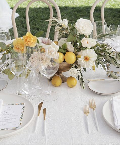 Lemon Tablescape, Lemon Themed Bridal Shower, Spring Wedding Ideas, Yellow Wedding Theme, Tuscan Wedding, Diy Basket, Yellow Wedding, In Season Produce, Wedding Table Settings