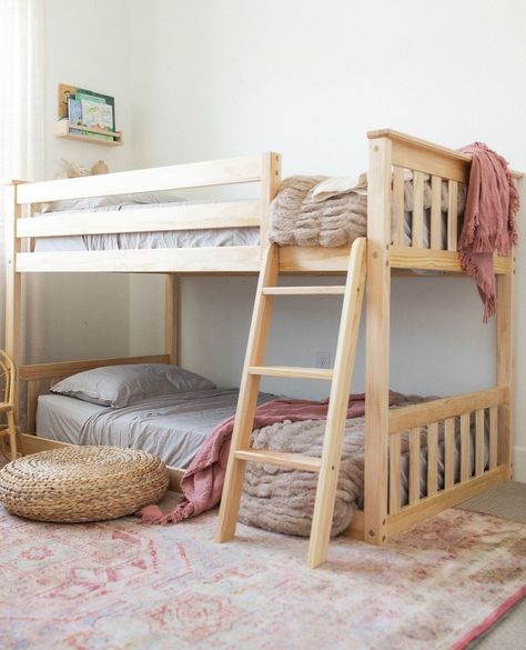 "How do I know if a low bunk is right for my little one?"⁠ .⁠ Here are some reasons a low bunk is right for you and your family:⁠ ⁠ - You're looking to maximize a small space.⁠ - Your child is on the younger side and isn't quite ready for the height of a traditional bunk bed.⁠ - You want some extra fun features like slides and curtains.⁠ ⁠ Read more about our Low Bunks here: https://shorturl.at/SUyst⁠ .⁠ Room by: @kayandcrew⁠ .⁠ #mymaxandlily #bunkbeds #girlsroominspo #girlsroomdecor #bohosty... Bed Frame For Kids, Low Bunk Bed, Girl's Rooms, Solid Wood Bunk Beds, Low Bunk Beds, Bottom Bunk, Big Kid Bed, Cool Bunk Beds, Wood Platform Bed Frame