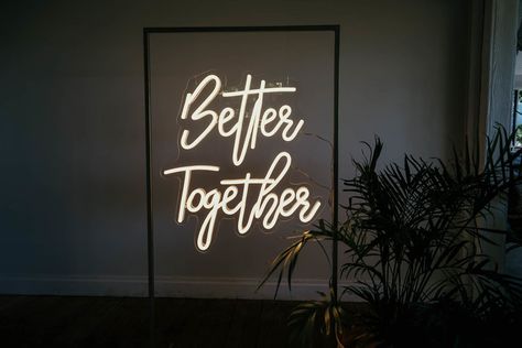 Better Together Sign, White Bead Chandelier, Better Together Neon Sign, Hire Style, Two Become One, Marriage Reception, Neon Quotes, Neon Wall Signs, Top Wedding Trends